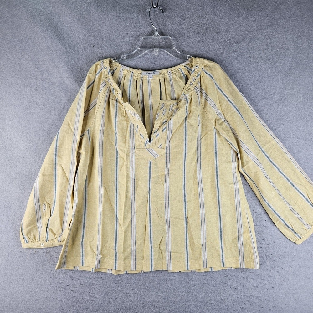 Madewell Womens Yellow Stripe Linen Blend V Neck Tie Back Blouse J9169 Large
